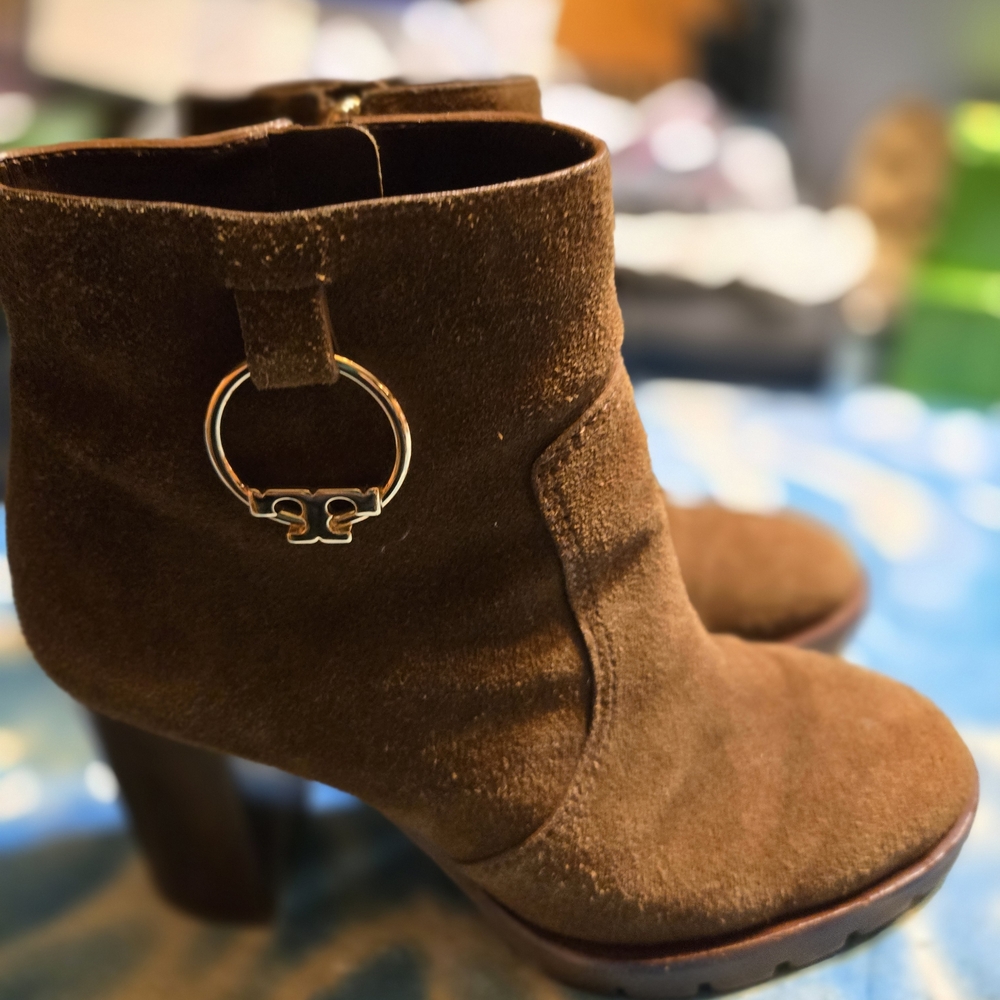 Brown Suede Ankle Boots with Gold Accent